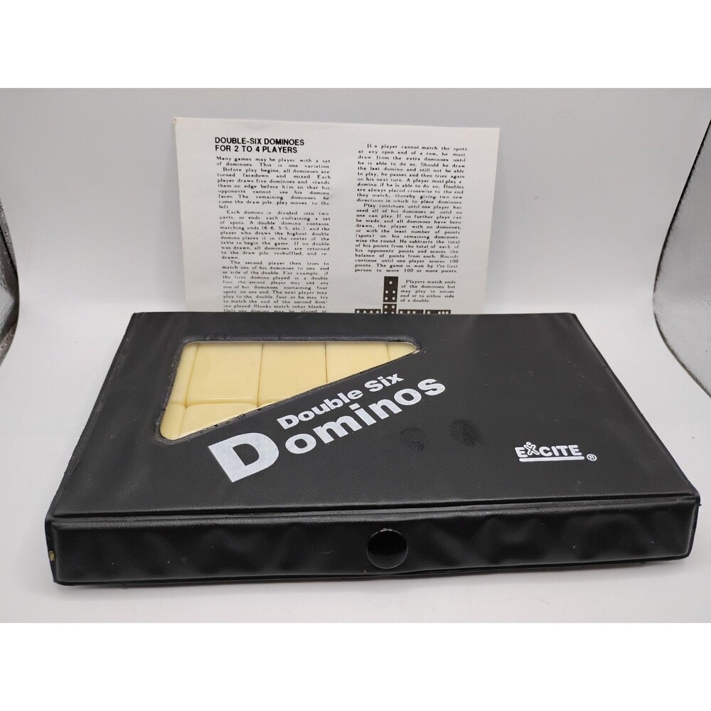 EXCITE Double Six Dominos in Original Vinyl Snap Closure Case 662, 7"x4" Vtg.
